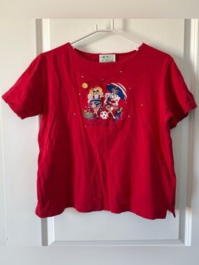 Quacker Factory Red Short Sleeve Tee with Beach Girls Graphic